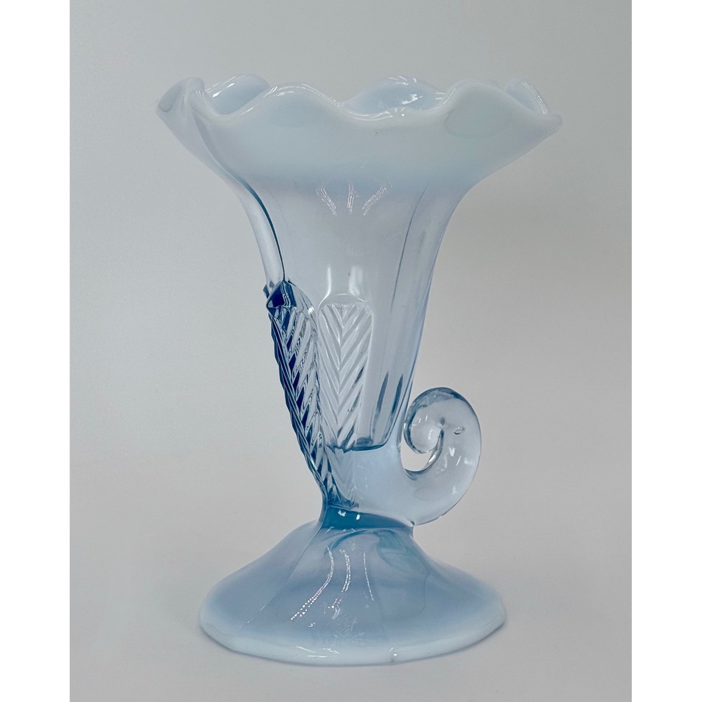 Vintage Duncan & Miller Three Feathers Blue Opalescent Cornucopia Vase 8"